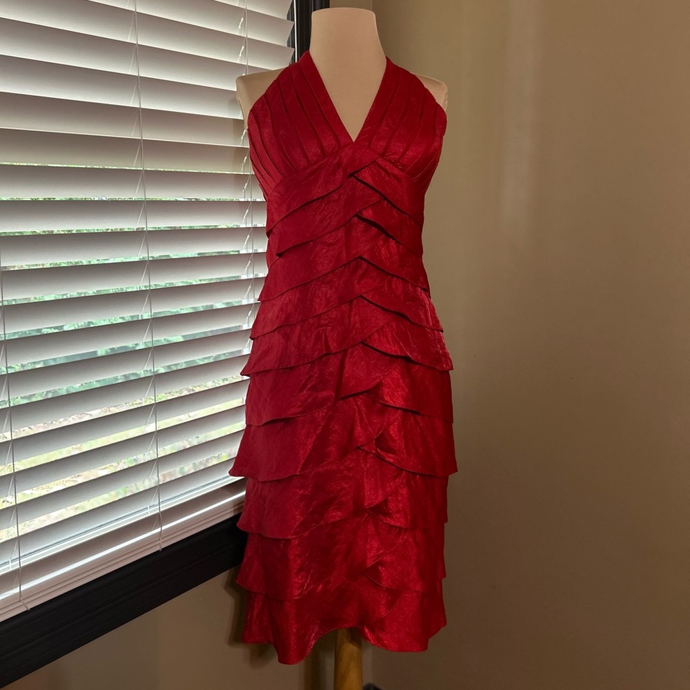 Cache Vintage Halter Scarlet Red Ruffle Layered Satin Dress